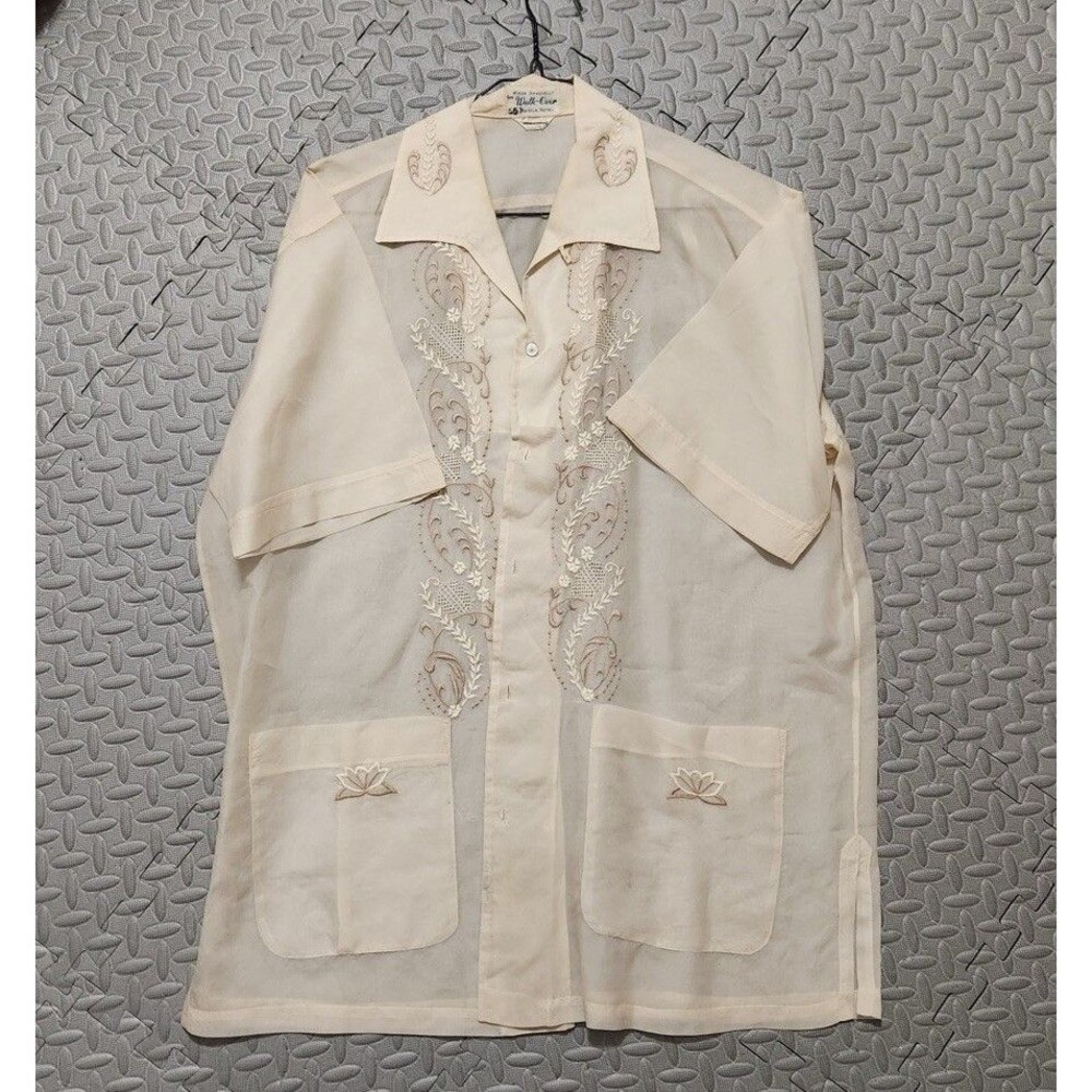 Vintage Filipino Barong Sheer Embroidered Shirt Manila Hotel Walk-Over